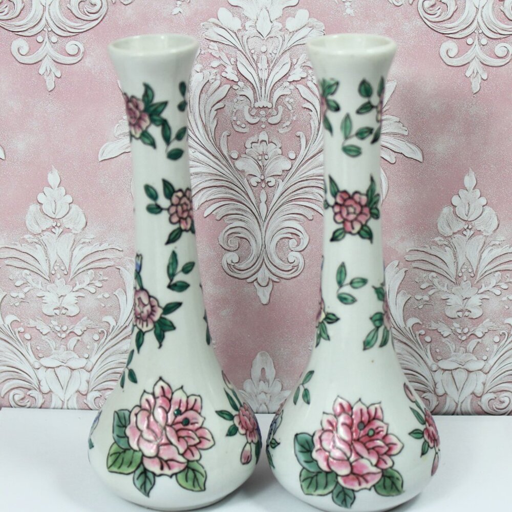 Vintage Macau Porcelain Bud Vases: 2 Hand-Painted Floral Chinoiserie